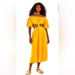 FARM Rio Yellow Off-Shoulder Knotted Midi Dress